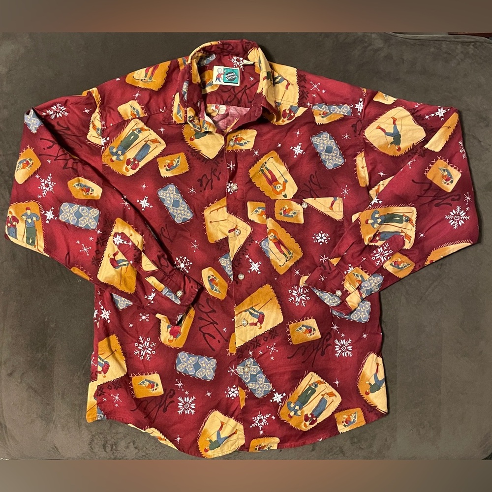 Vintage Johnny Cotton Flannel 90's Red Retro Painted Skier Button-Up Shirt Small